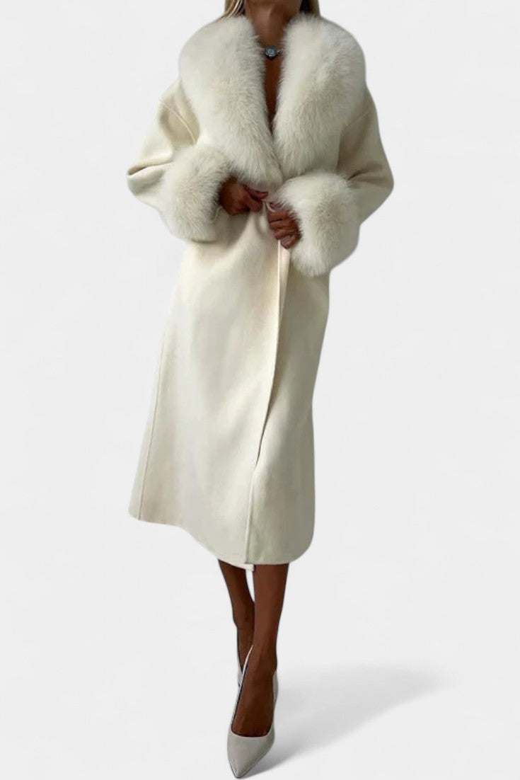 Lalie Long Coat with Belt and Faux Fur Trim
