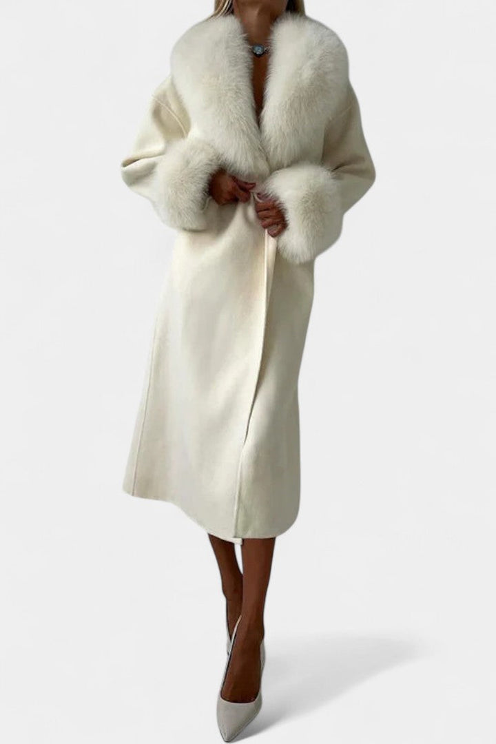 Lalie Long Coat with Belt and Faux Fur Trim