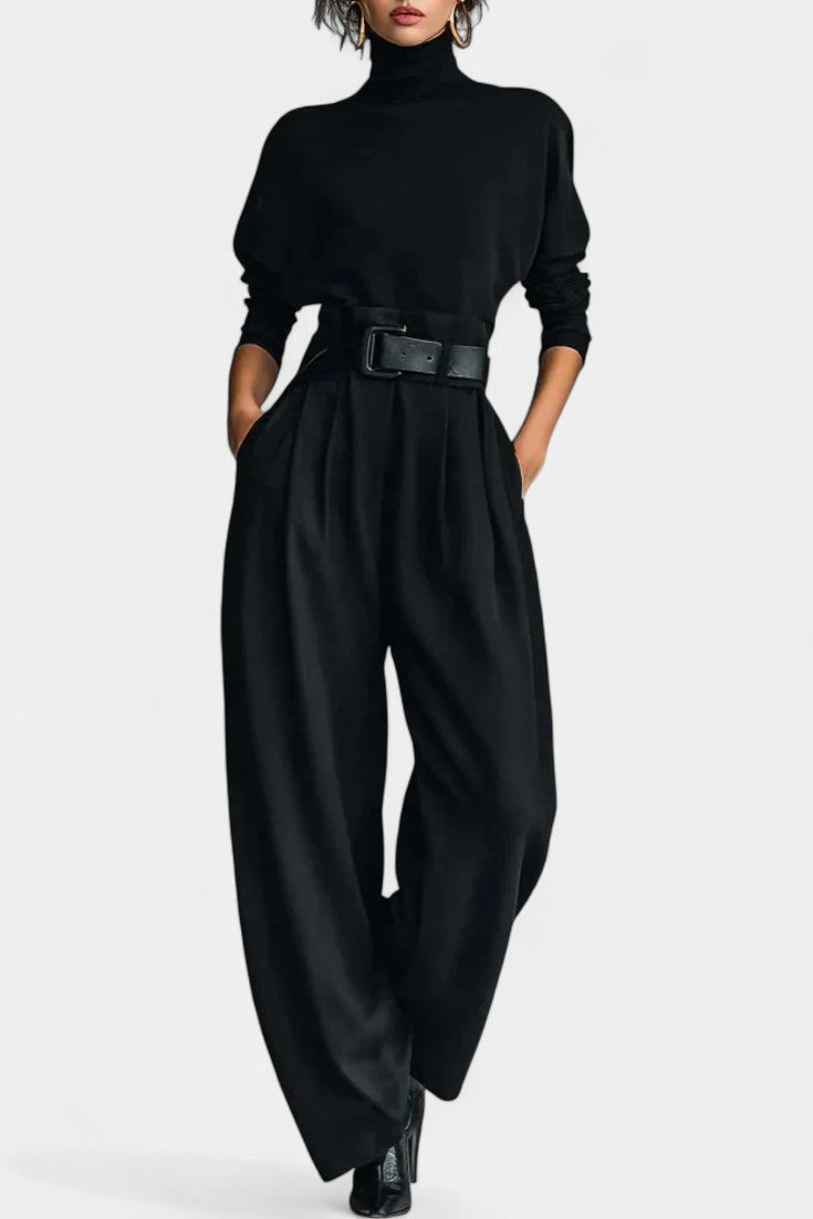 Erisen Black High Collar Ensemble with Straight Leg Trousers
