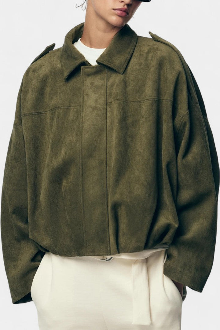 Monnie Oversized Suede Bomber Jacket with Tailored Shoulders
