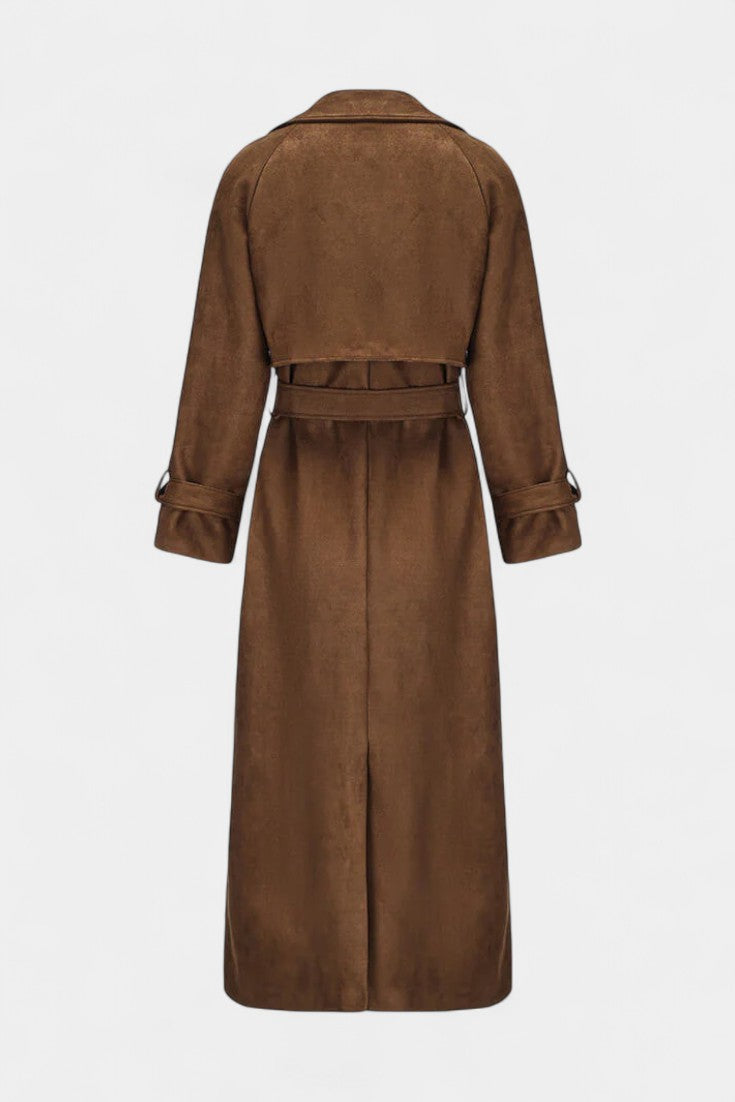 Leelie Adjustable Belted Maxi Trench Coat in Synthetic Suede
