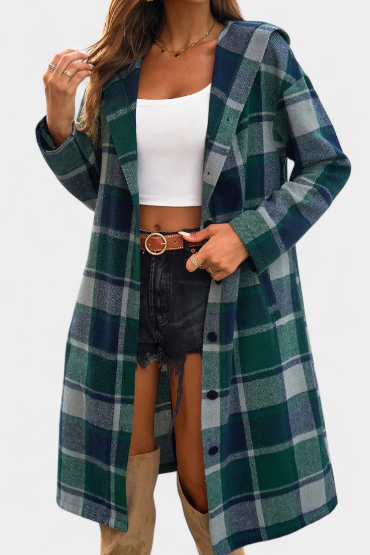 Sandrine Hooded Jacket with Button Closure in Brushed Check Design