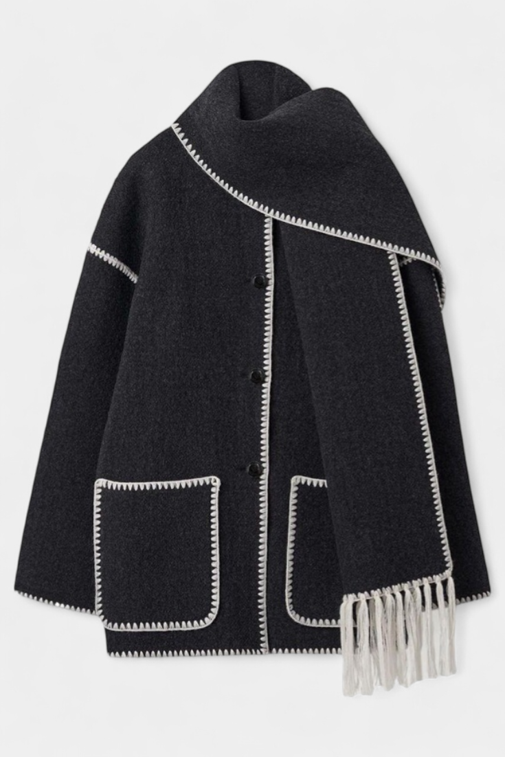 Pauline Coat Featuring Built-In Scarf and Flowing Design