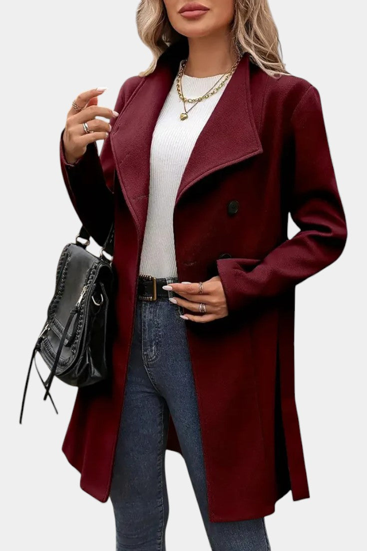 Yuliana Long Button-Up Coat with Adjustable Waist Tie