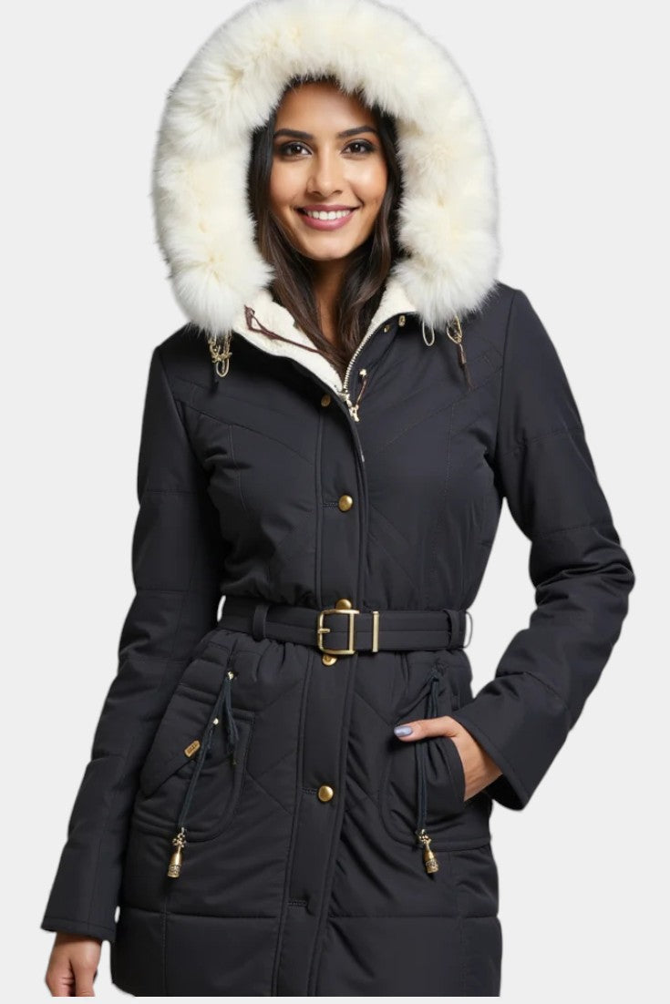Lanra Faux Fur Trim Hooded Winter Parka with Belt
