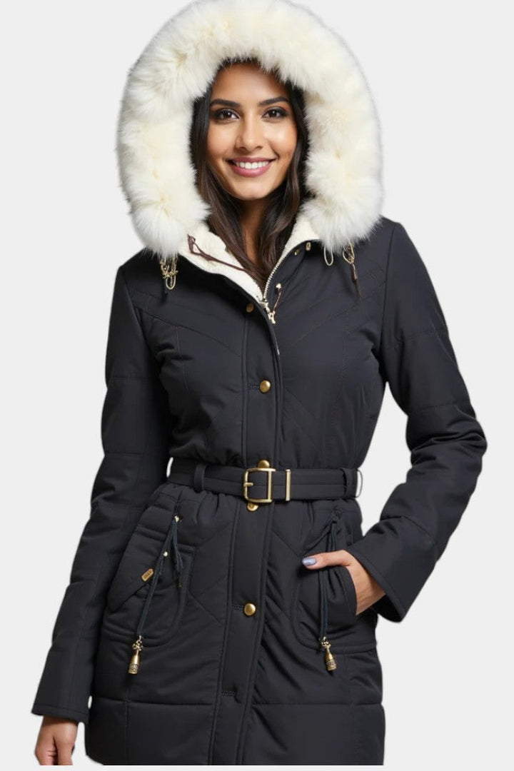 Lanra Faux Fur Trim Hooded Winter Parka with Belt