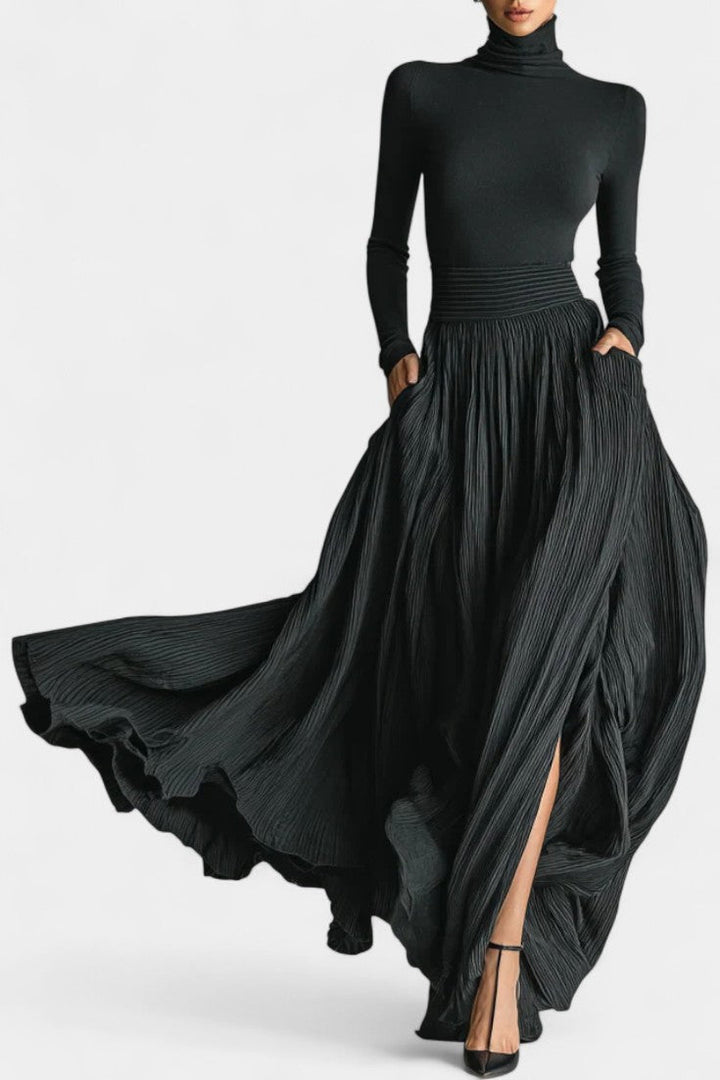 Selara Black High Neck Set with Flowing Pleated Skirt