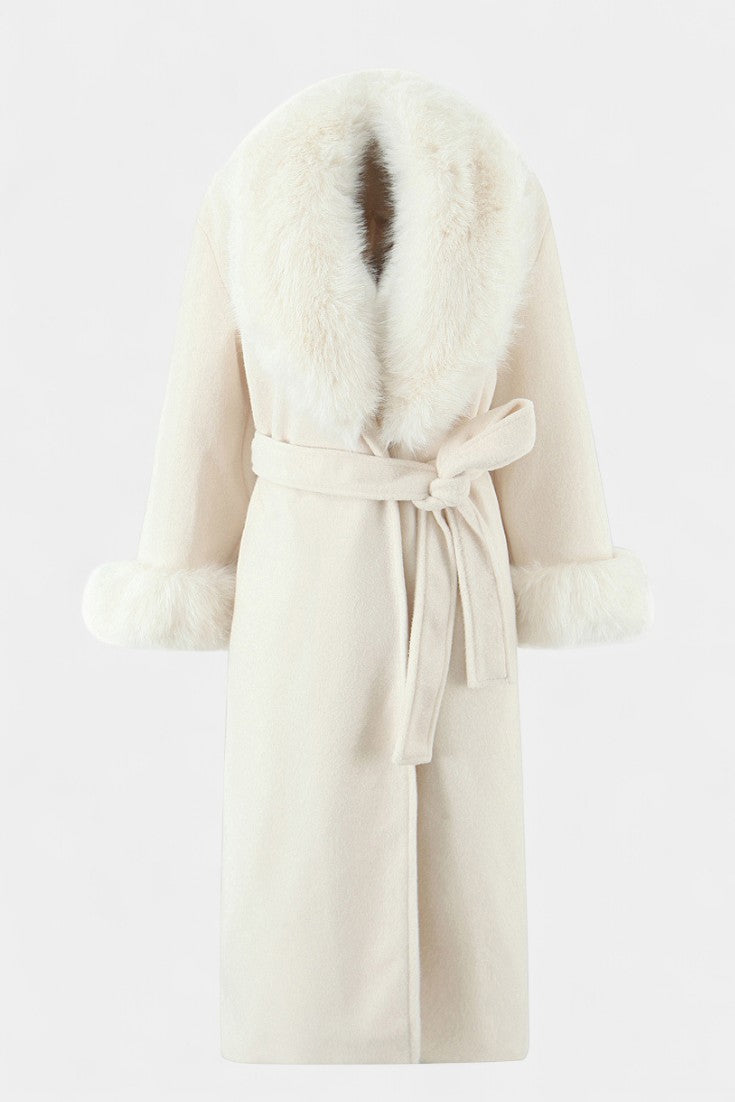 Lalie Long Coat with Belt and Faux Fur Trim
