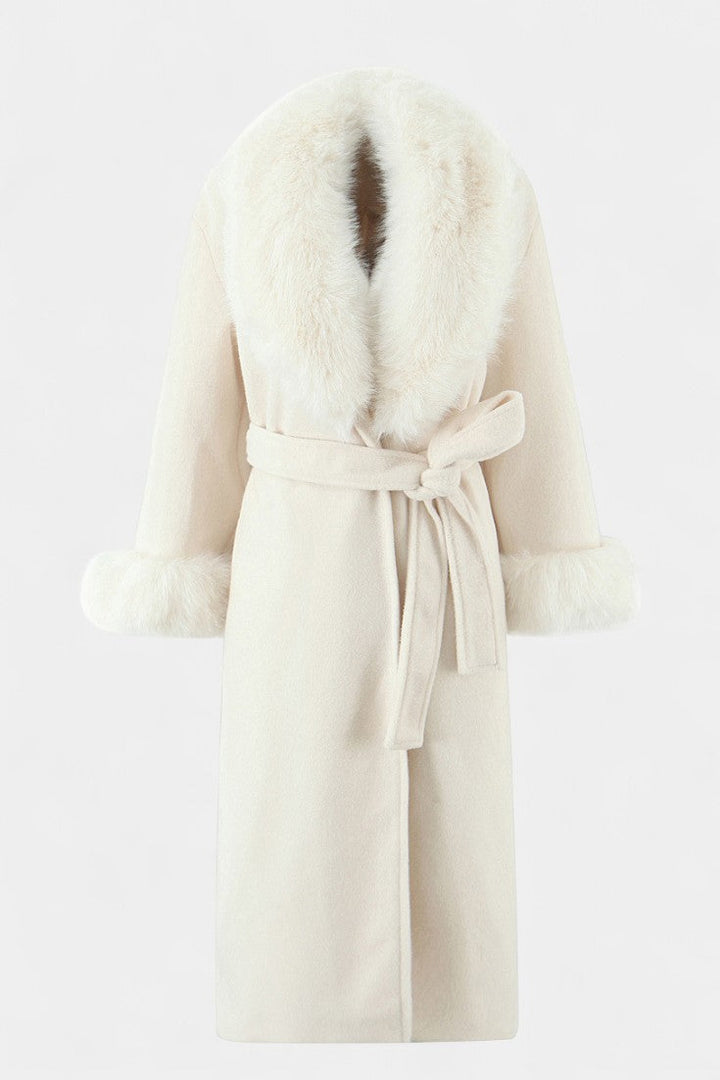 Lalie Long Coat with Belt and Faux Fur Trim