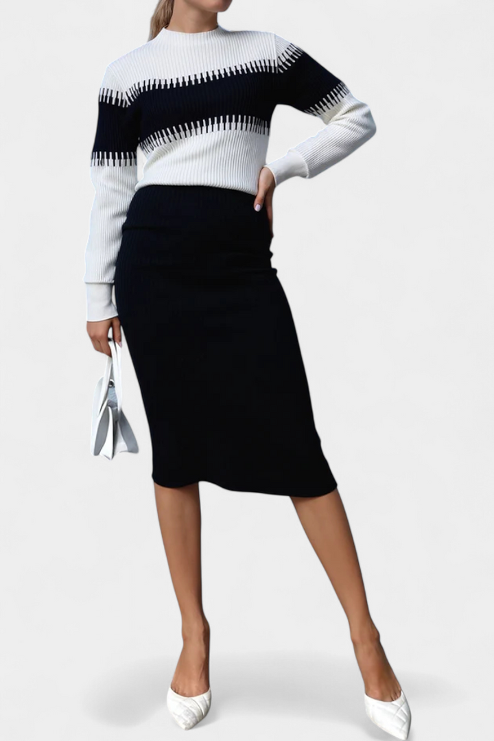 Sidonie Two-Tone Long Sleeve Midi Knit Dress Ensemble