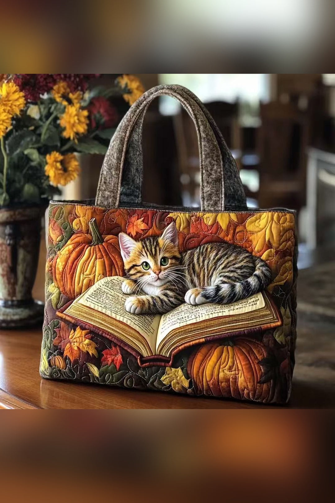 Ingaret™ | Kitten on Book & Pumpkins Quilted Tote Bag