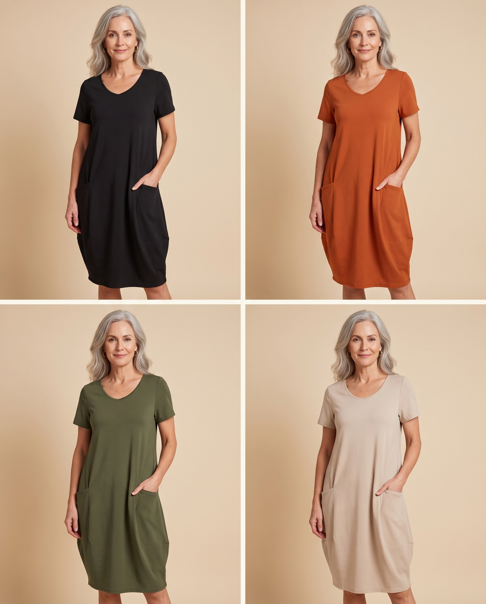 Oriane dress in all four colours: black, terracotta, olive and beige