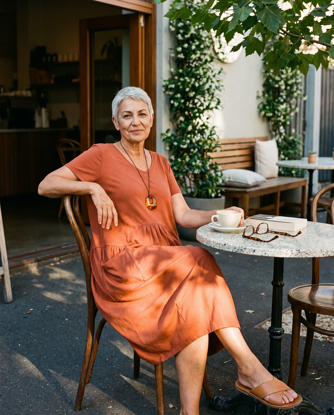 Oriane dress in terracotta, seated at an outdoor cafe table