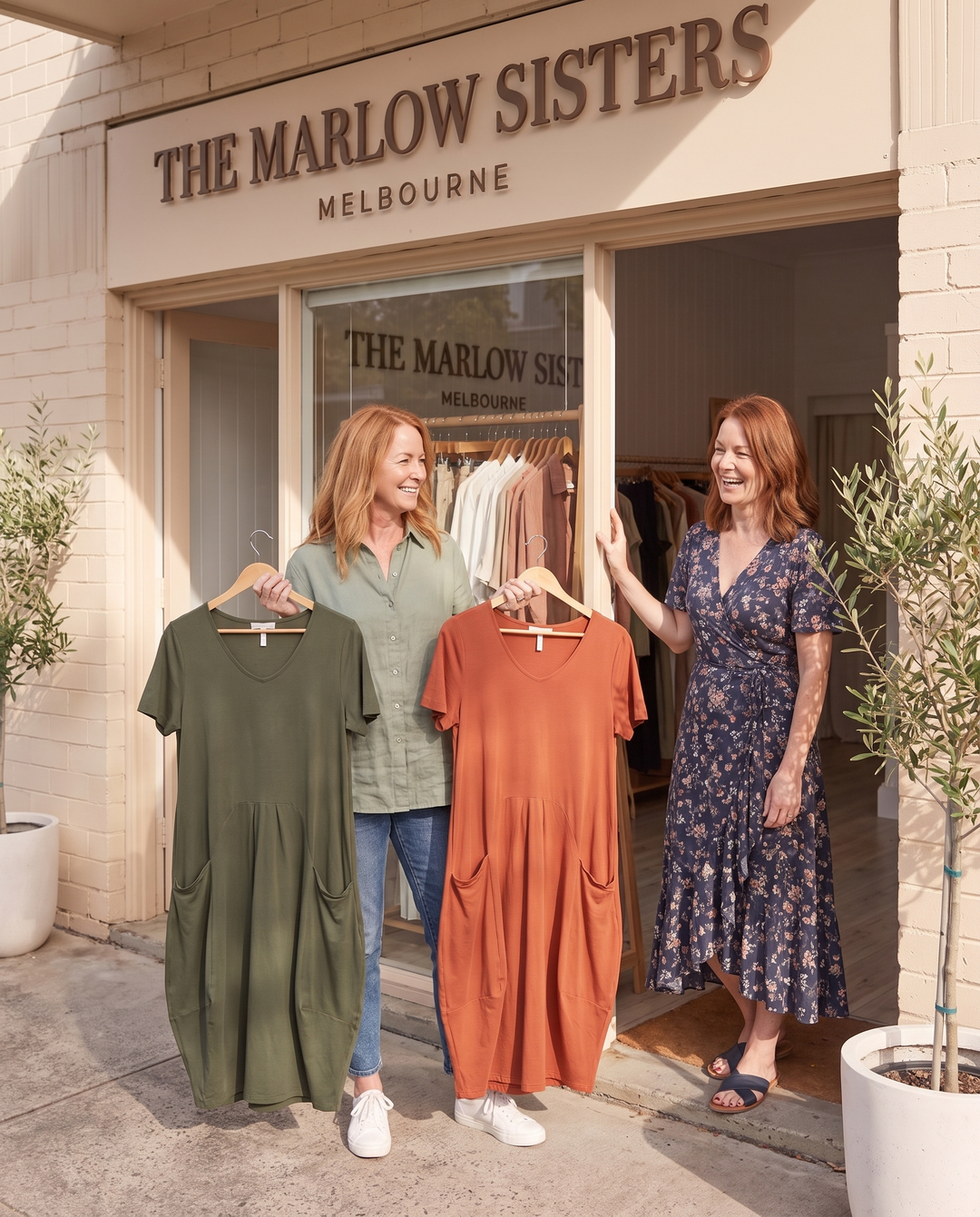 The Marlow Sisters holding the Oriane dress outside their Melbourne shop