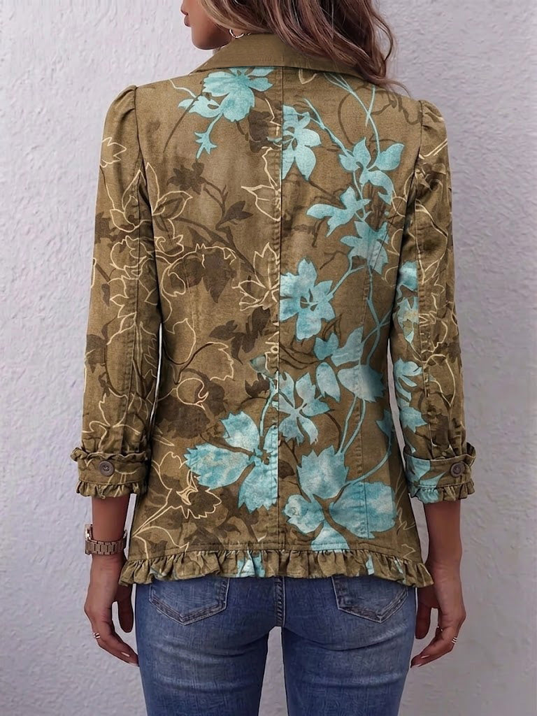 Sundara™ | Boho Gradient Vintage Floral Ruffle Jacket Olive & Turquoise Floral