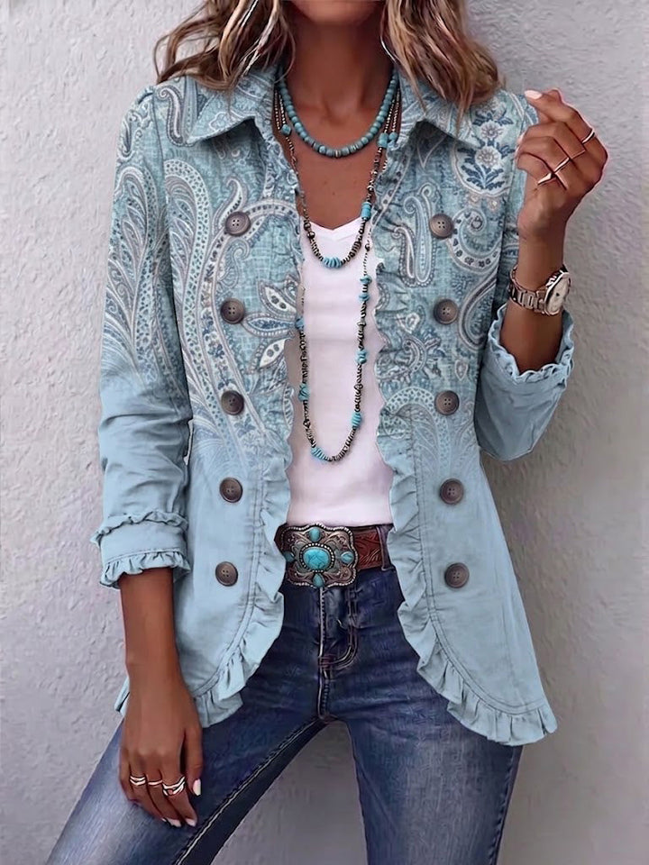 Estrella™ | Vintage Paisley Print Ruffled Jacket Sky Blue