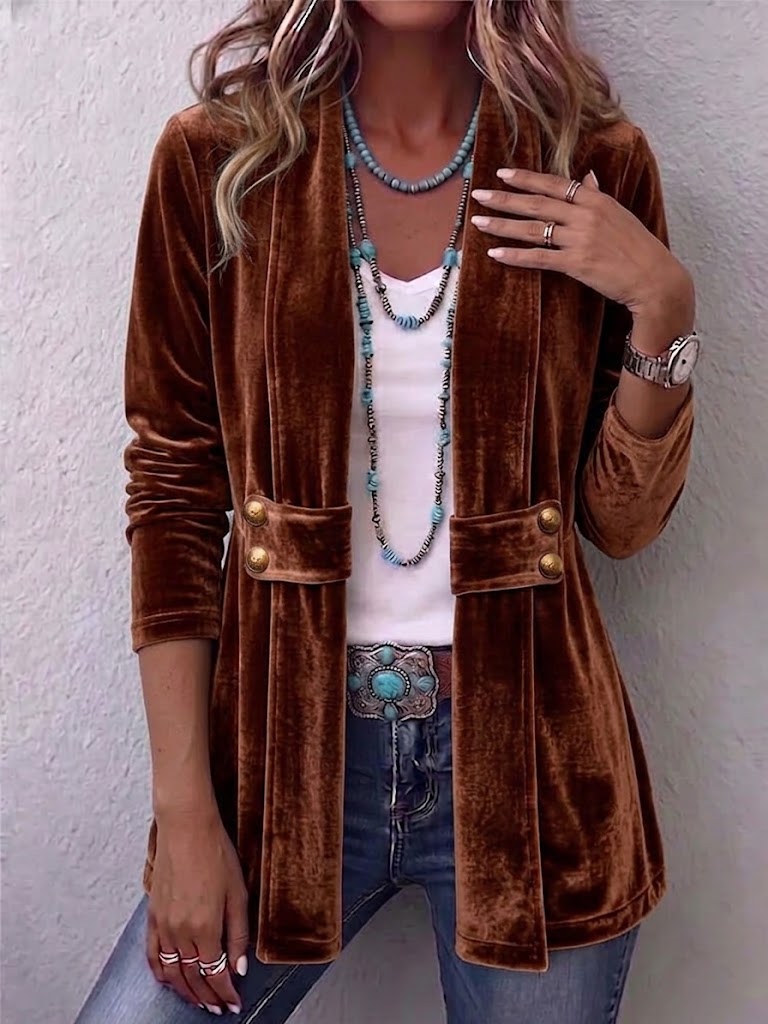 Holliwell™ | Vintage Lapel Button-Accent Long Sleeve Open Front Jacket Dark Brown