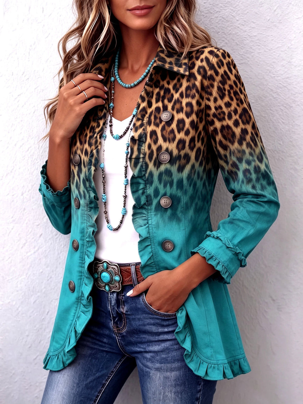 Elsbeth™ | Leopard Ombre Ruffle Blazer Jacket Turquoise