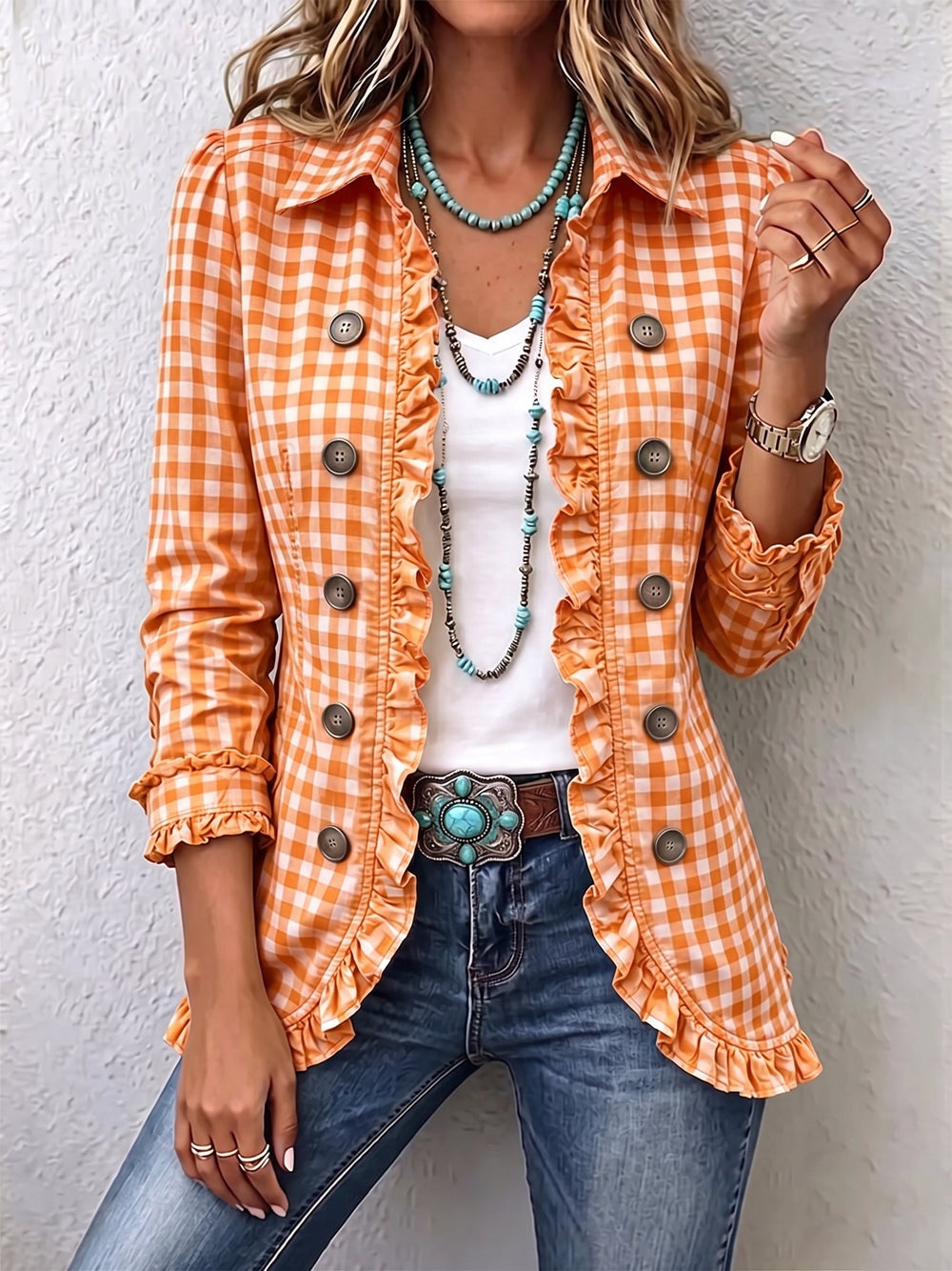 Sharlene™ | Gingham Ruffled Button-Down Jacket Orange