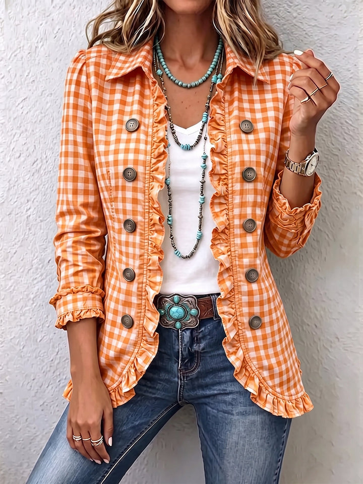 Sharlene™ | Gingham Ruffled Button-Down Jacket Orange