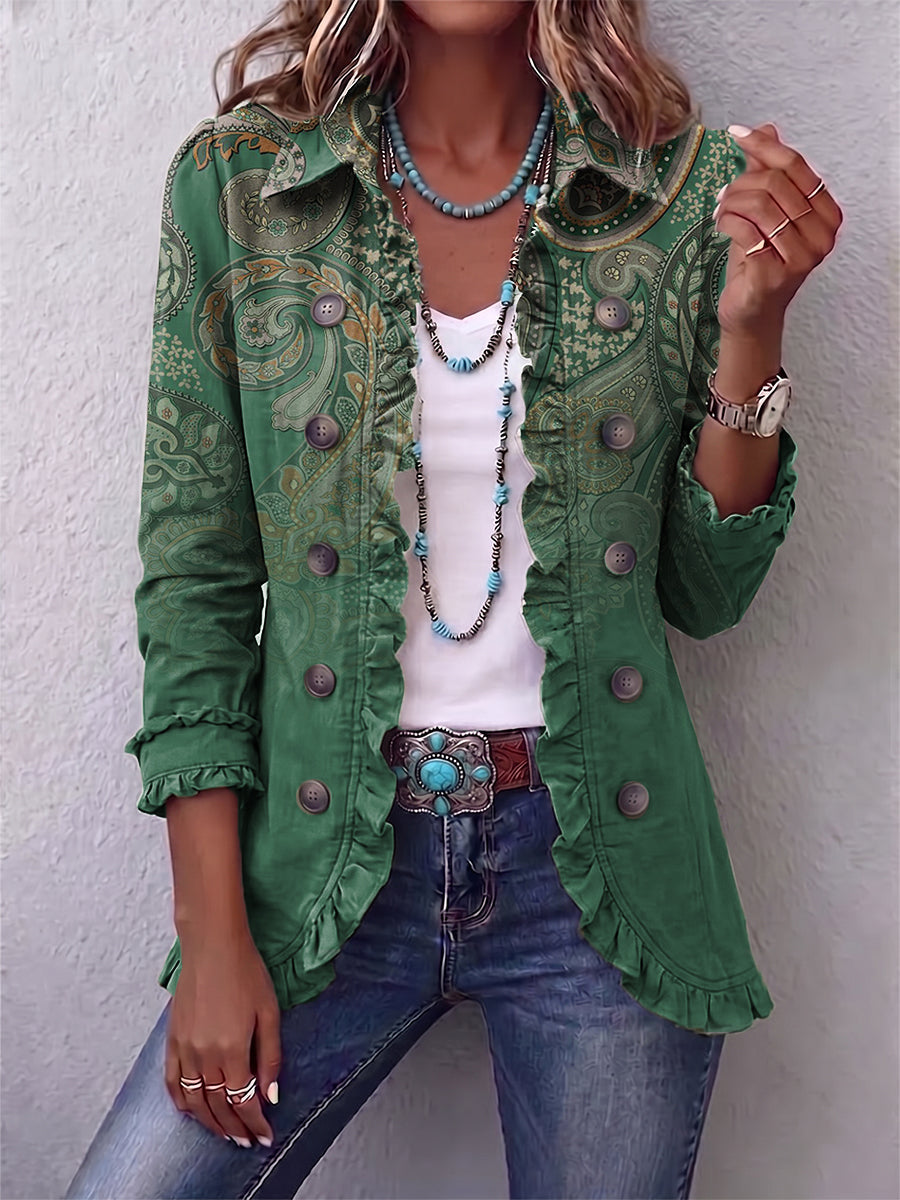 Jemara™ | Bohemian Paisley Print Ruffled Jacket Green Paisley
