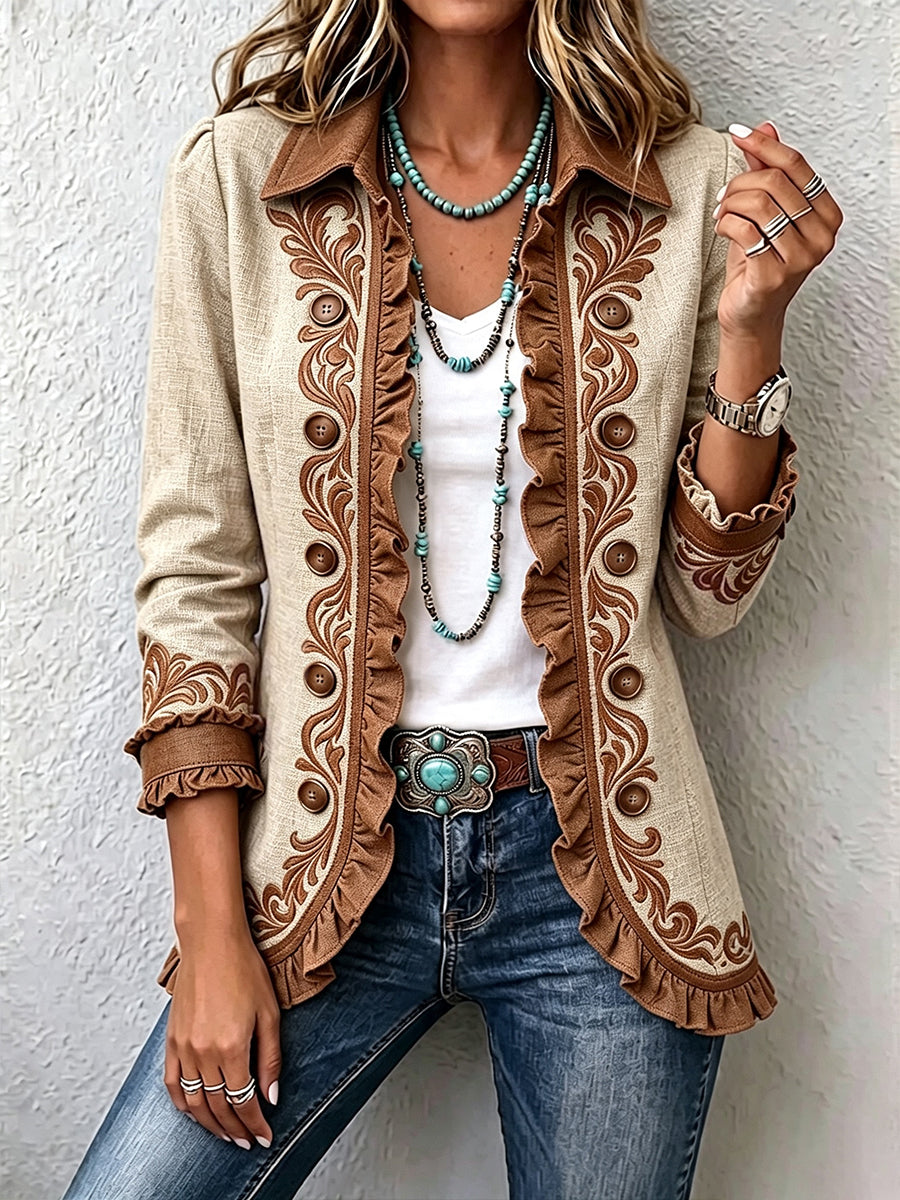 Dawncroft™ | Vintage Bohemian Floral Ruffled Jacket Tan & Brown