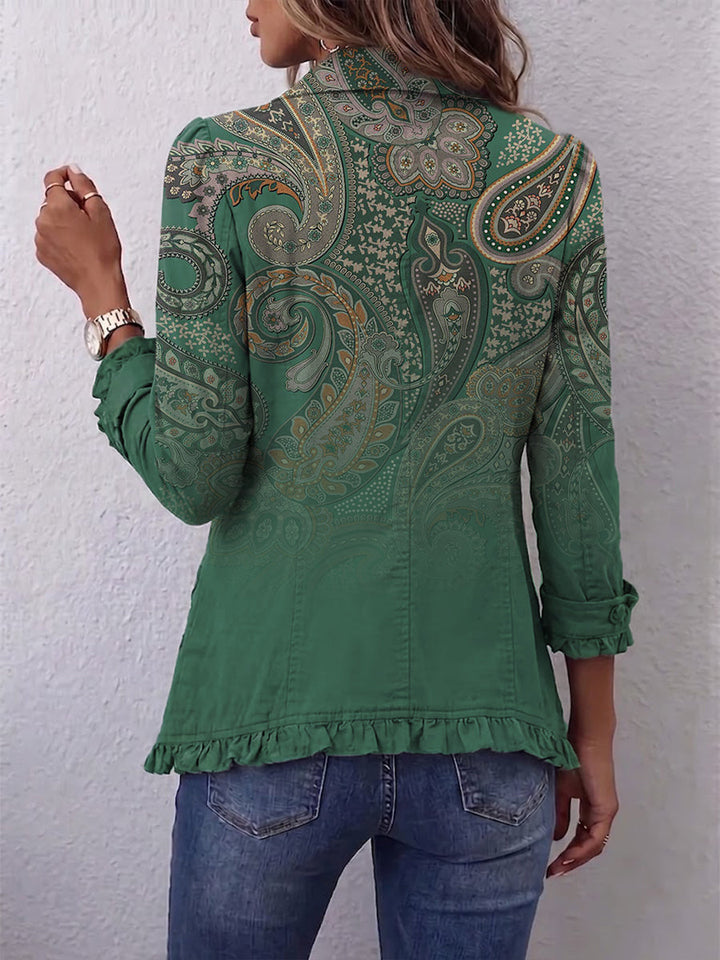 Jemara™ | Bohemian Paisley Print Ruffled Jacket Green Paisley