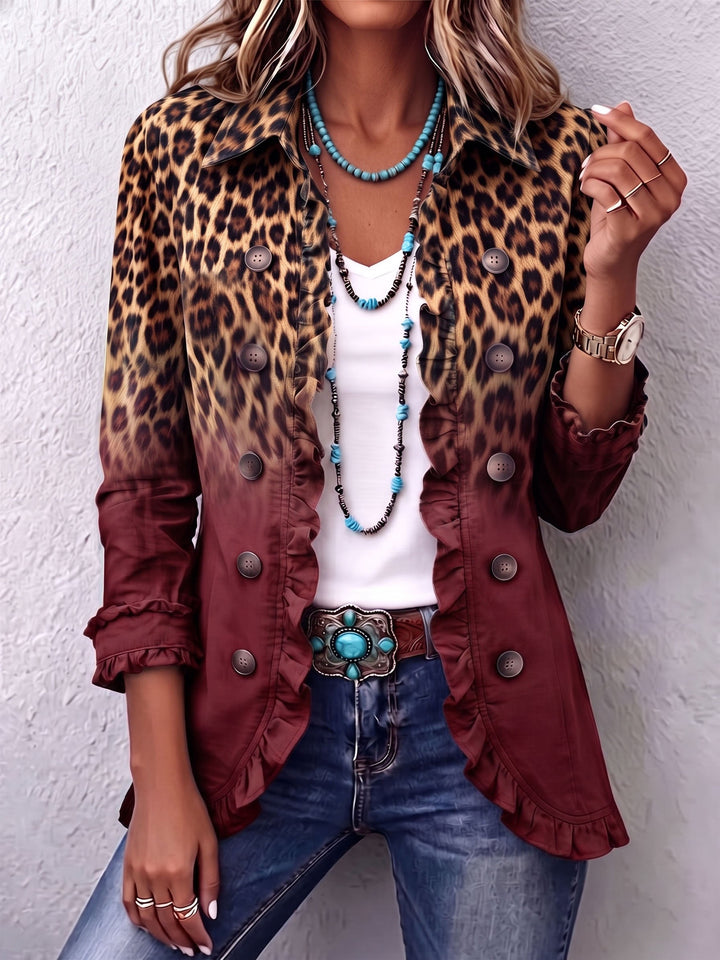 Elsbeth™ | Leopard Ombre Ruffle Blazer Jacket Wine