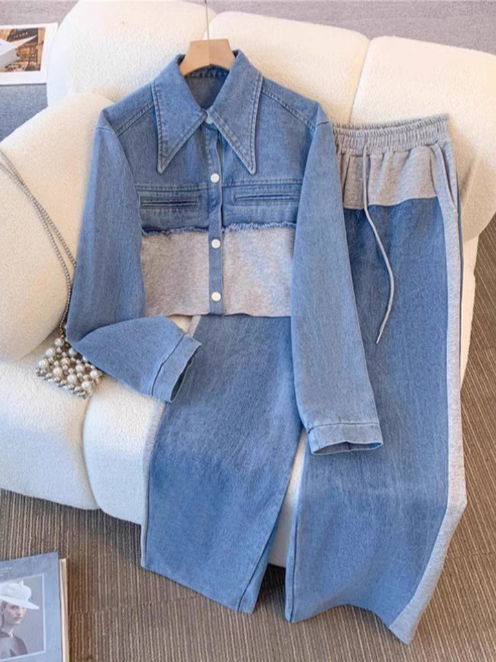 Holbrook™ | Color-Block Cropped Jacket & Wide-Leg Pants Set Grey