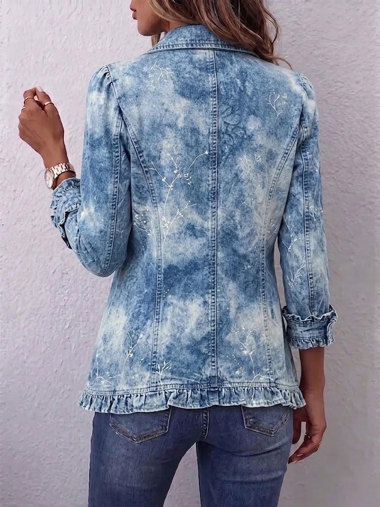 Jemison™ | Boho-Style Gradient Vintage Botanical Print Ruffle-Detail Jacket Blue