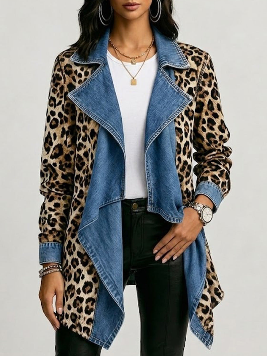 Sherilyn™ | Leopard Print & Washed Denim Paneled Mid-Length Jacket Khaki