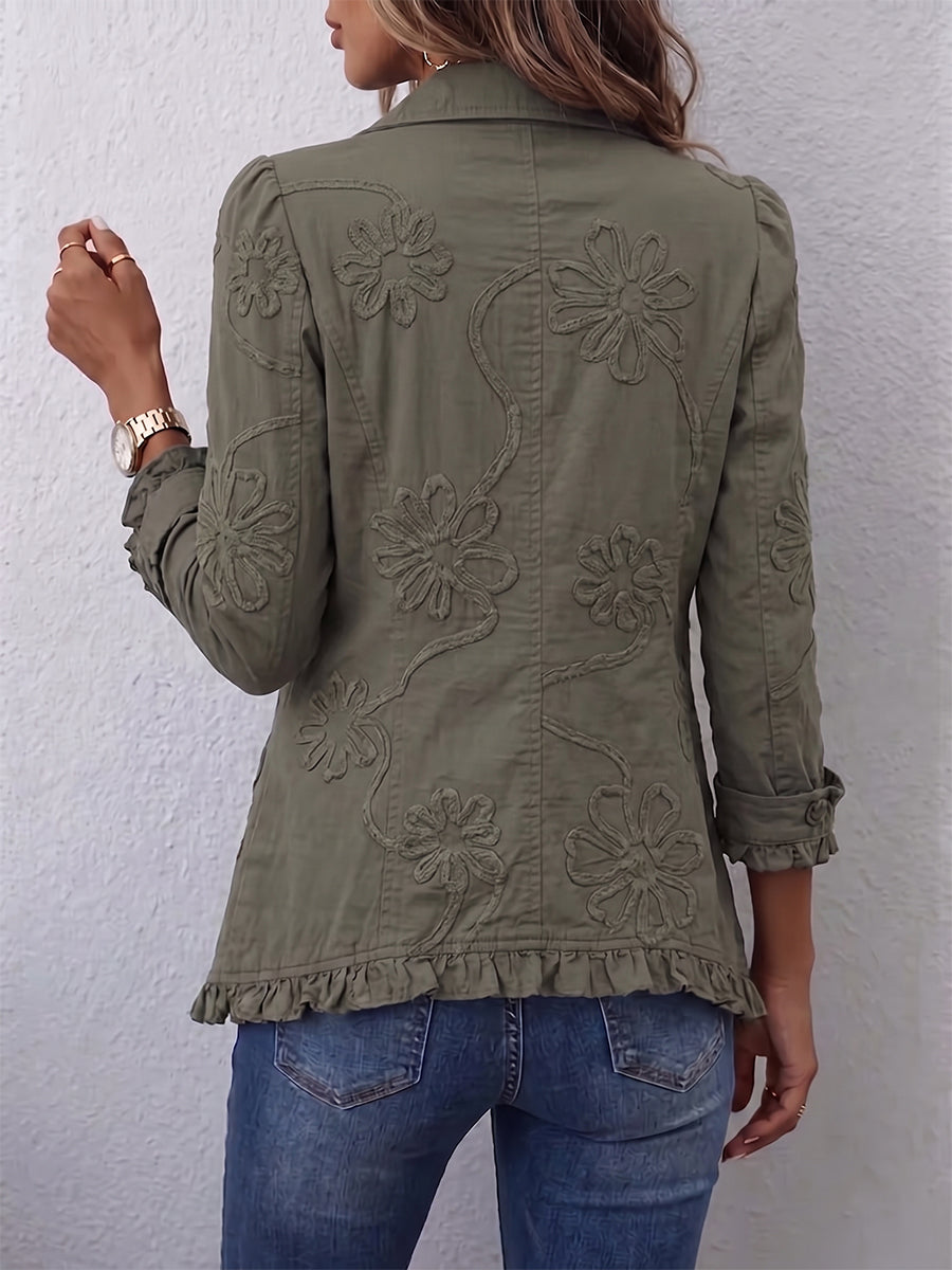 Kamberly™ | Boho-Chic Floral Utility Ruffled Trim Jacket Retro Green
