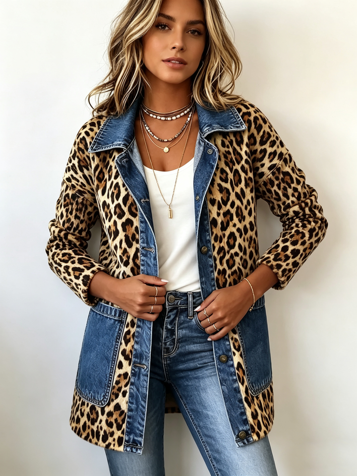 Fablenne™ | Leopard Print Denim Panel Contrast Longline Jacket Leopard