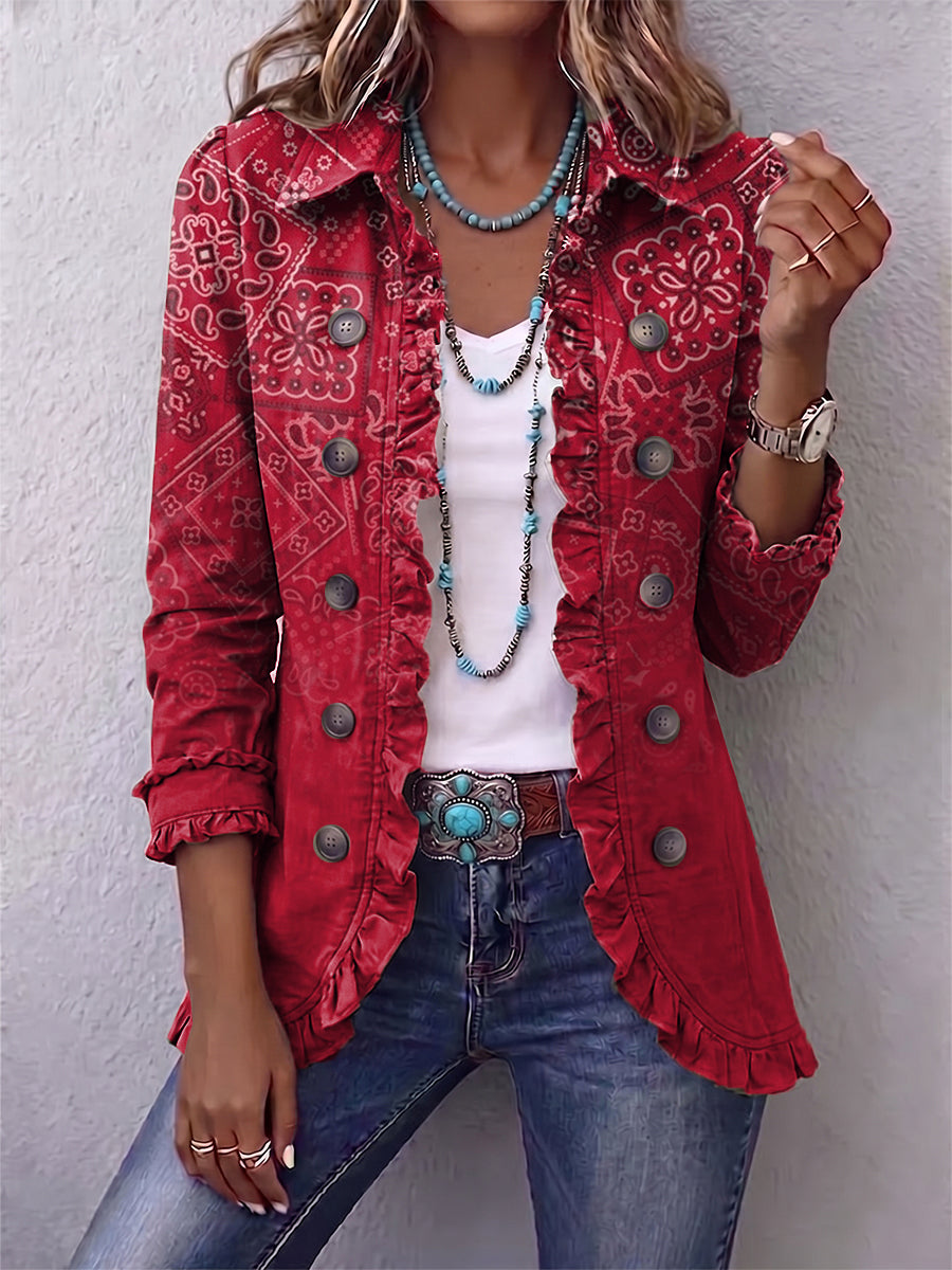 Criselle™ | Bohemian Paisley Ombré Print Ruffled Jacket Red