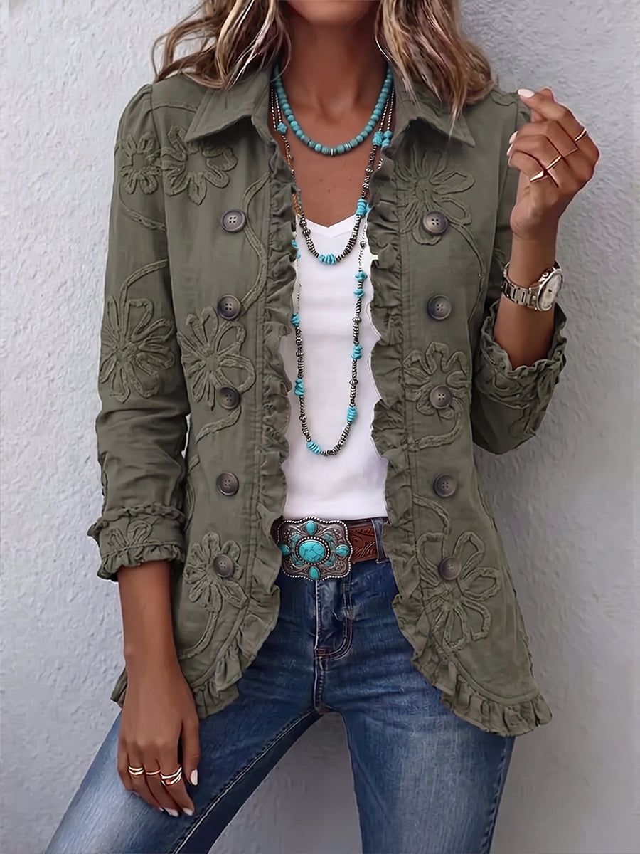 Kamberly™ | Boho-Chic Floral Utility Ruffled Trim Jacket Retro Green