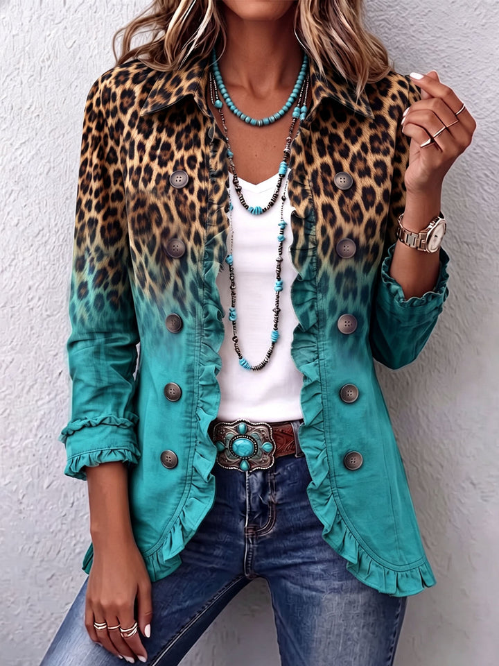 Elsbeth™ | Leopard Ombre Ruffle Blazer Jacket Turquoise