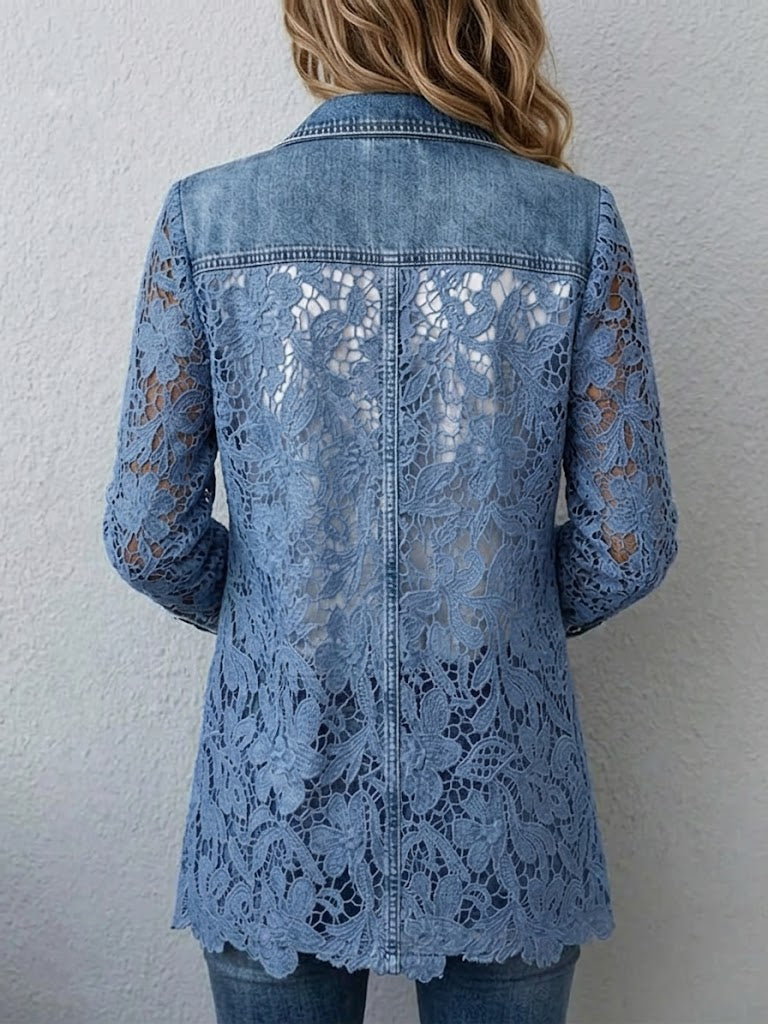 Lacinda™ | Blazer Jacket with Floral Lace Paneling Denim Blue