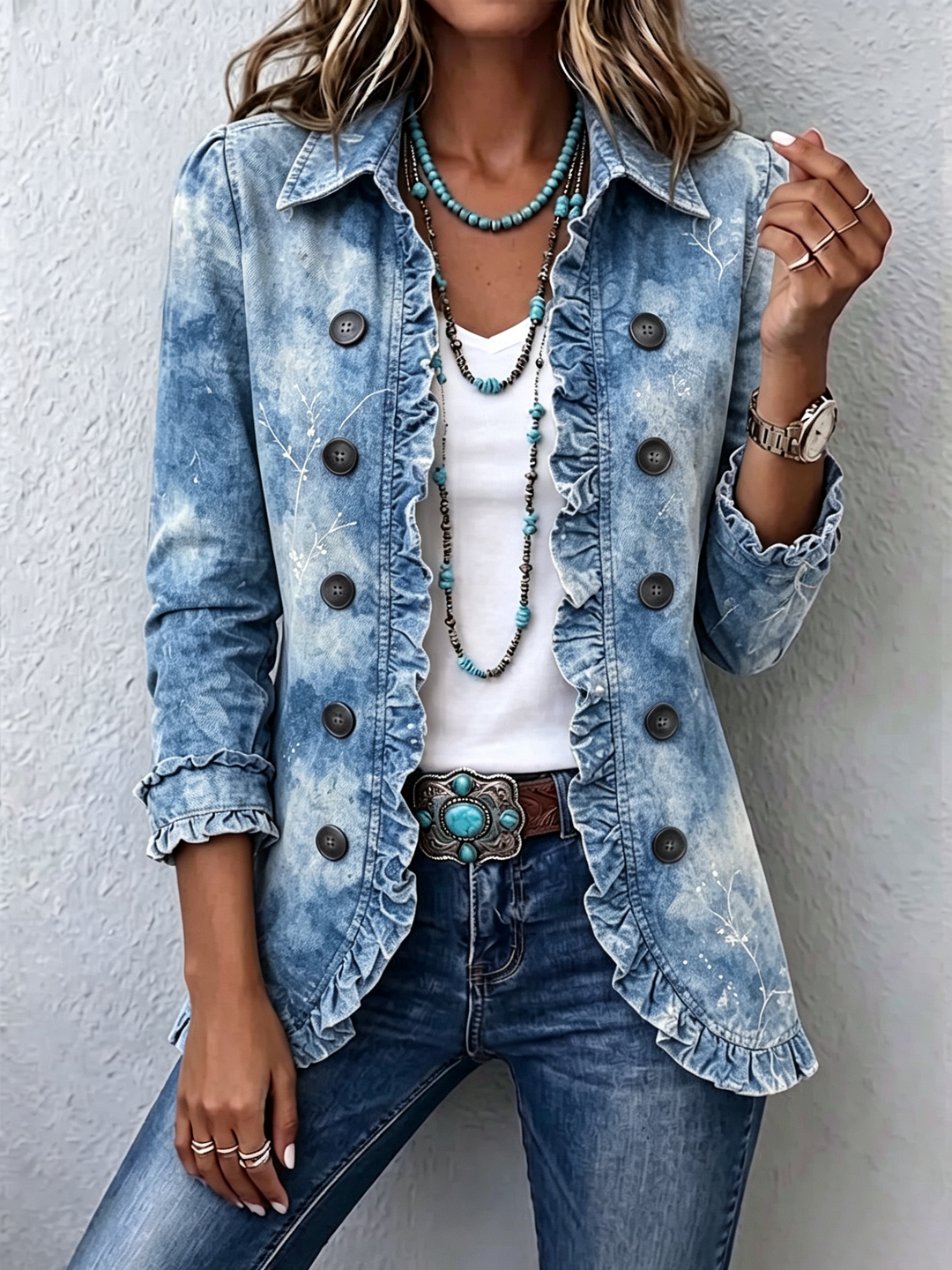 Jemison™ | Boho-Style Gradient Vintage Botanical Print Ruffle-Detail Jacket Blue