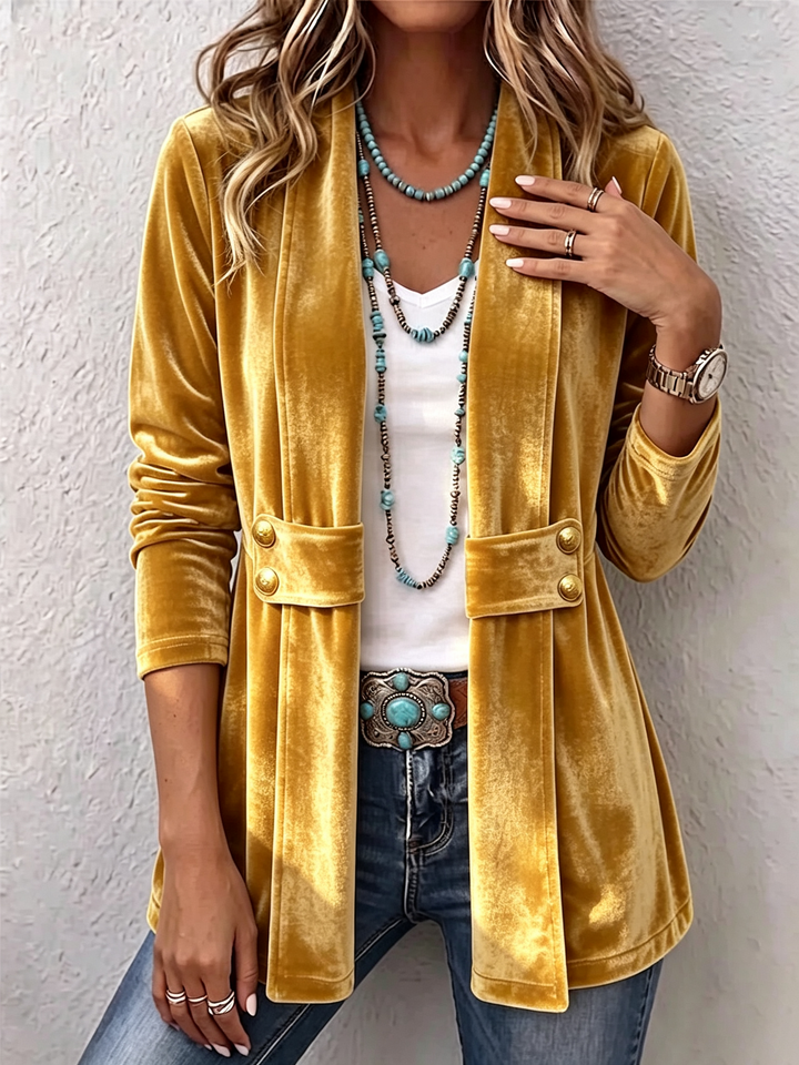 Holliwell™ | Vintage Lapel Button-Accent Long Sleeve Open Front Jacket Gold