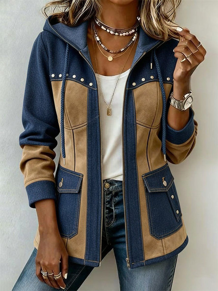 Fawnridge™ | Patchwork Hooded Jacket Navy & Camel