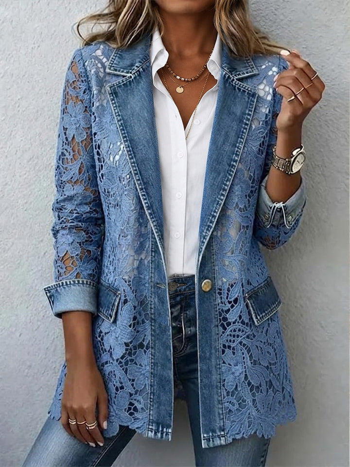 Lacinda™ | Blazer Jacket with Floral Lace Paneling Denim Blue