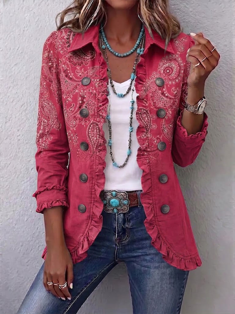Anoushka™ | Vintage Paisley Print Ruffled Jacket Rose Pink