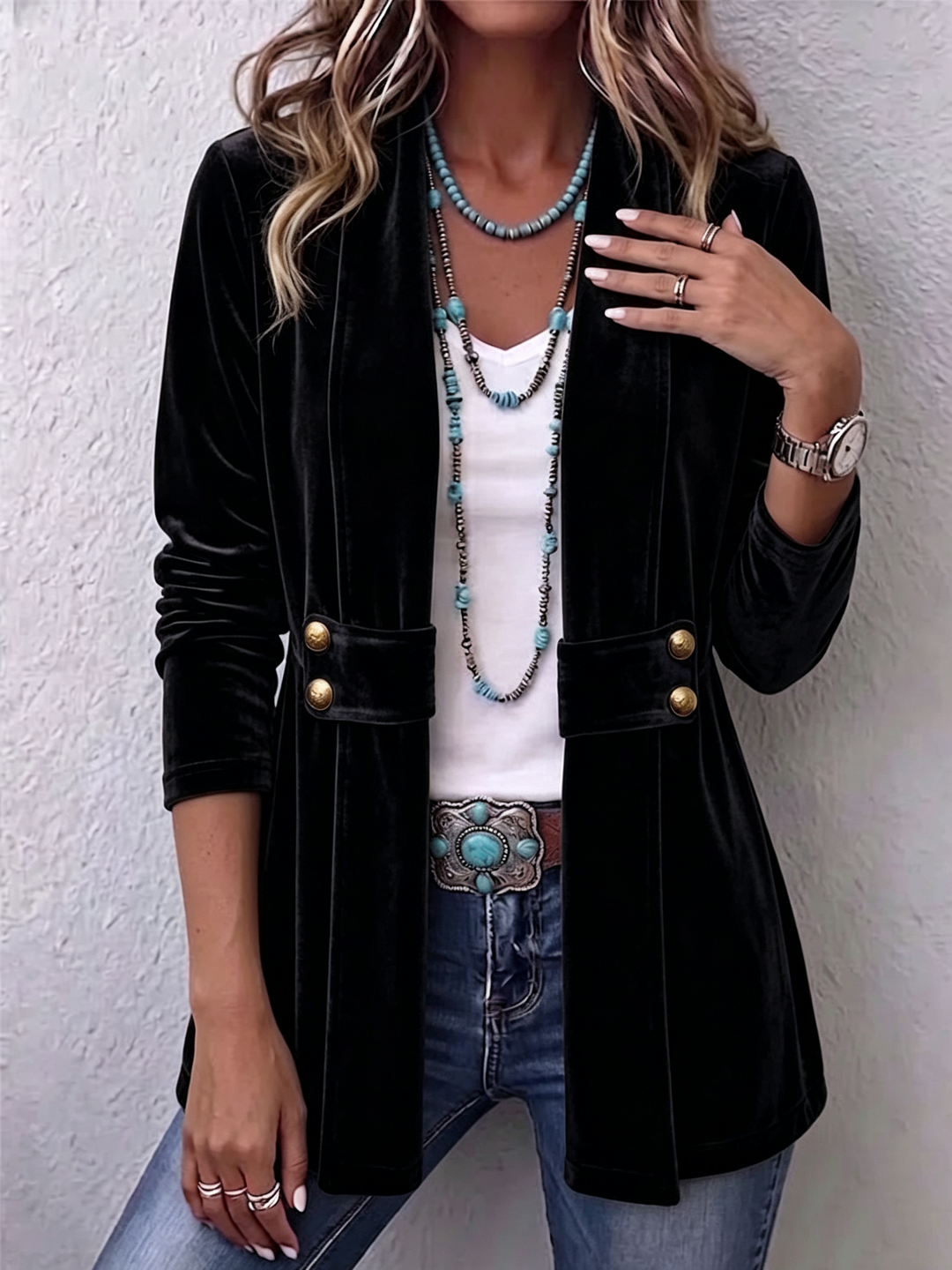 Holliwell™ | Vintage Lapel Button-Accent Long Sleeve Open Front Jacket Black