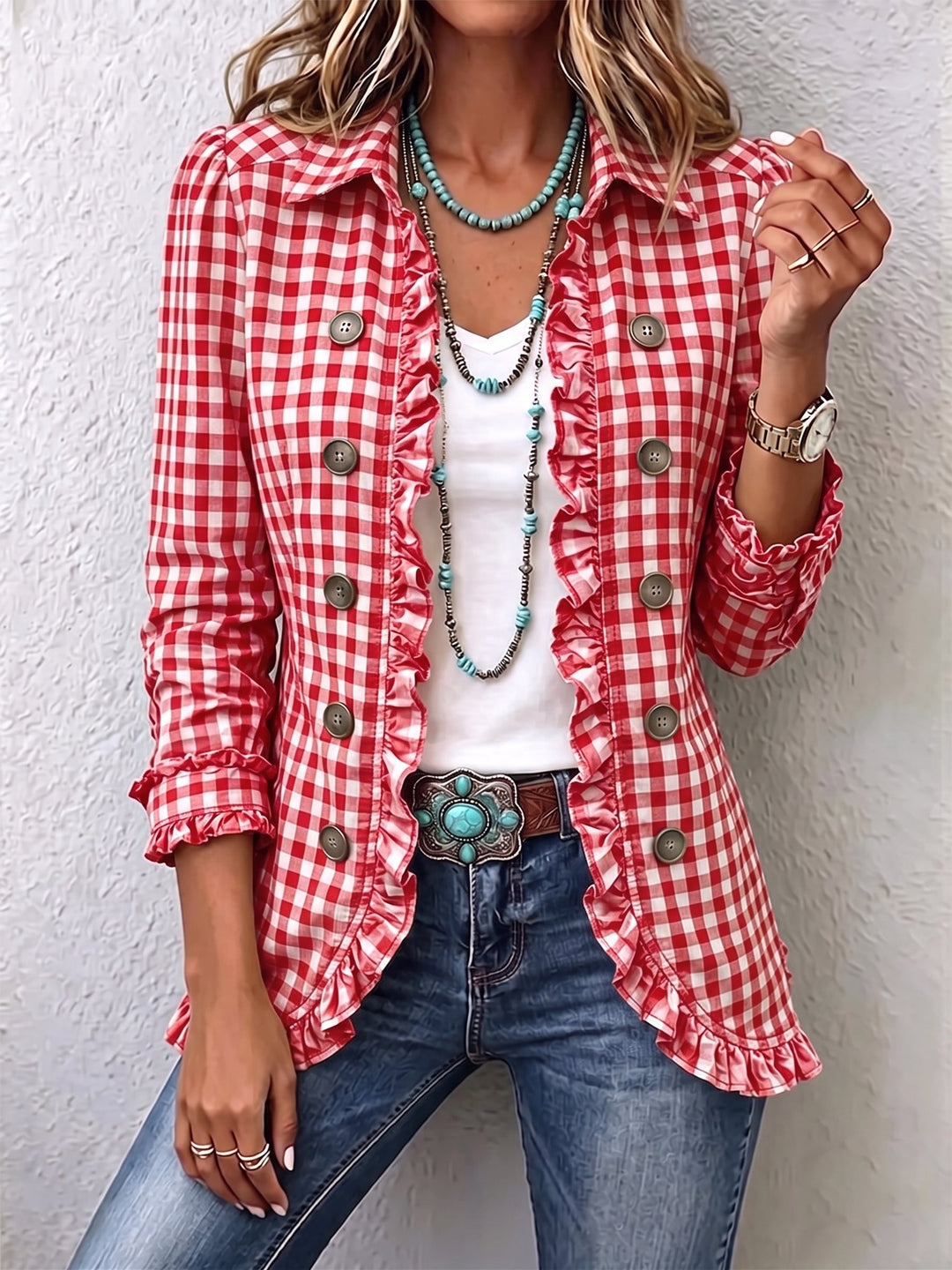 Sharlene™ | Gingham Ruffled Button-Down Jacket Red