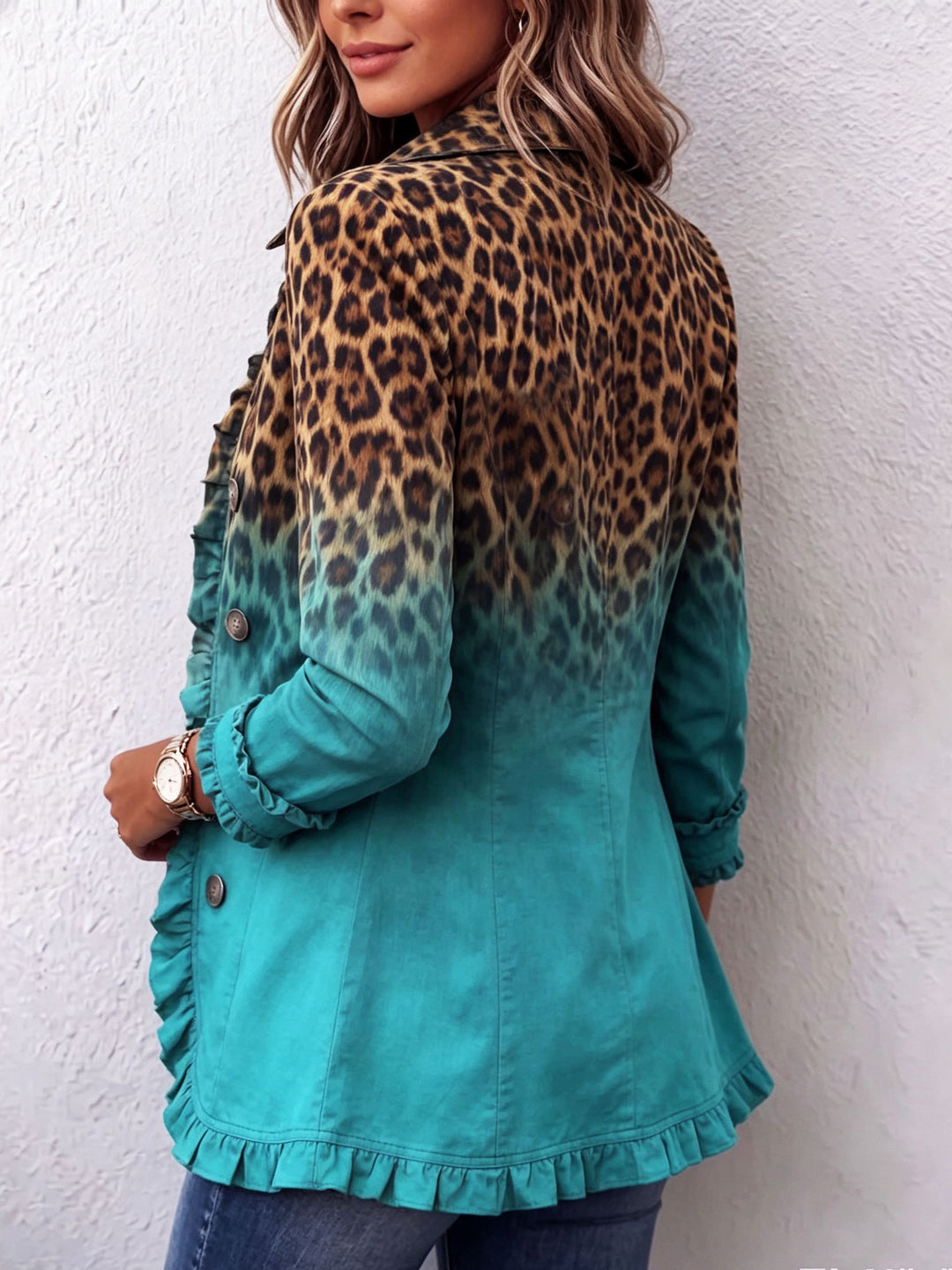 Elsbeth™ | Leopard Ombre Ruffle Blazer Jacket Turquoise
