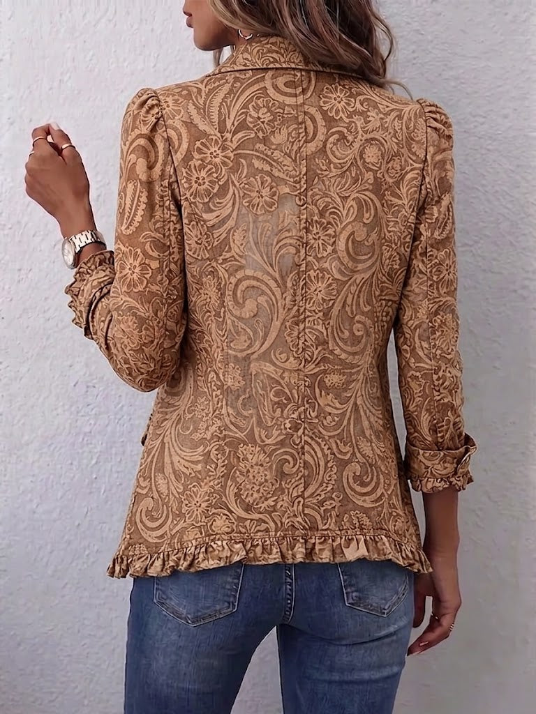 Vyclara™ | Vintage Bohemian Floral Print Ruffled Jacket Brown