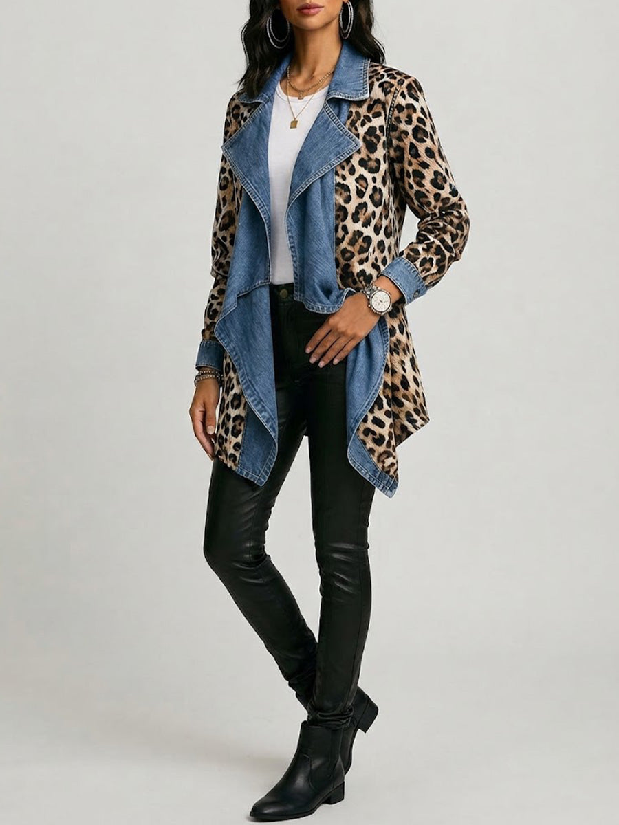 Sherilyn™ | Leopard Print & Washed Denim Paneled Mid-Length Jacket Khaki