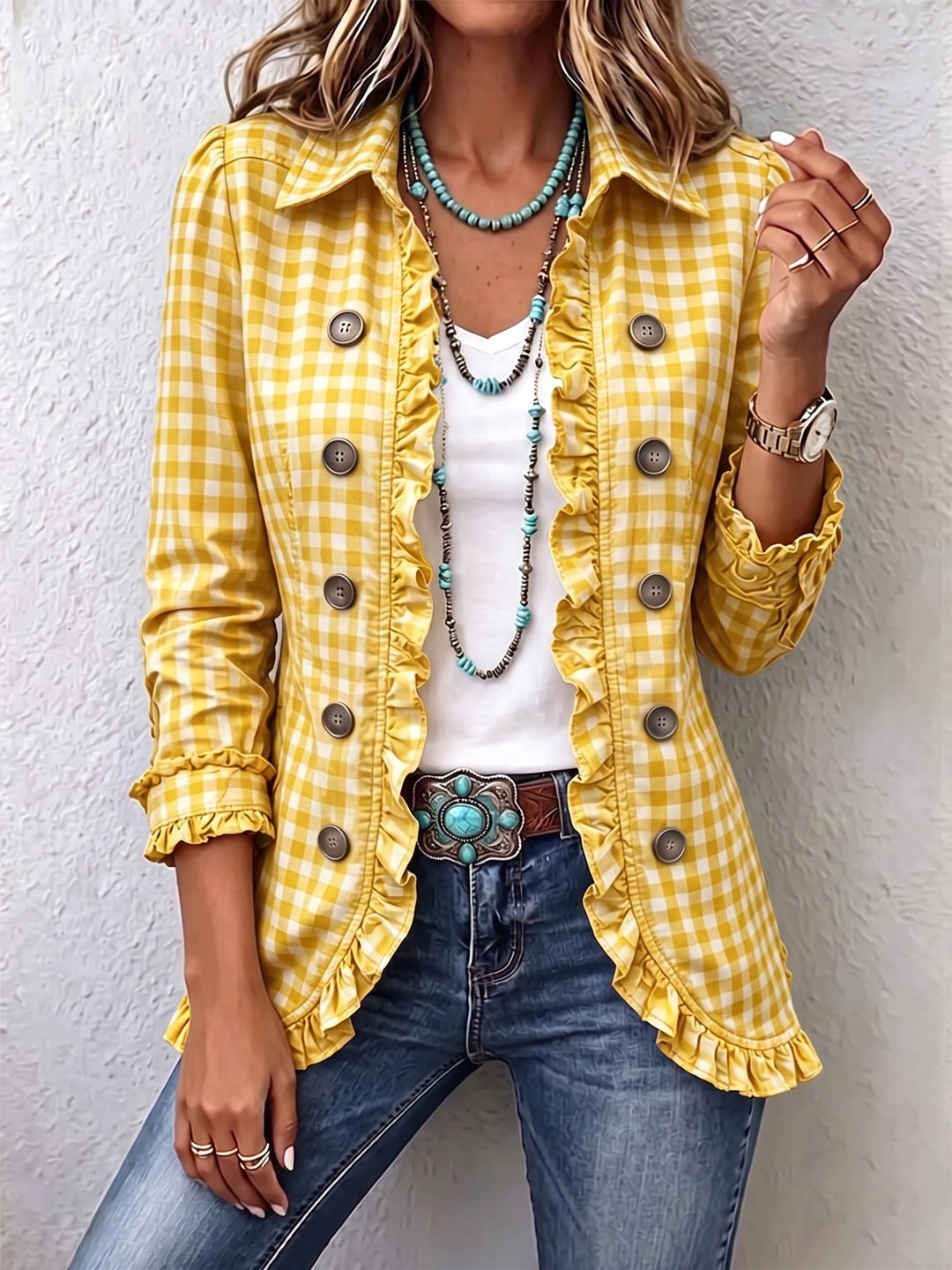 Sharlene™ | Gingham Ruffled Button-Down Jacket Yellow