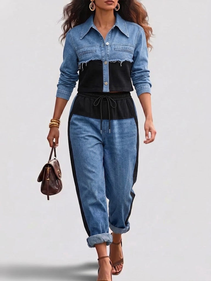 Holbrook™ | Color-Block Cropped Jacket & Wide-Leg Pants Set Black