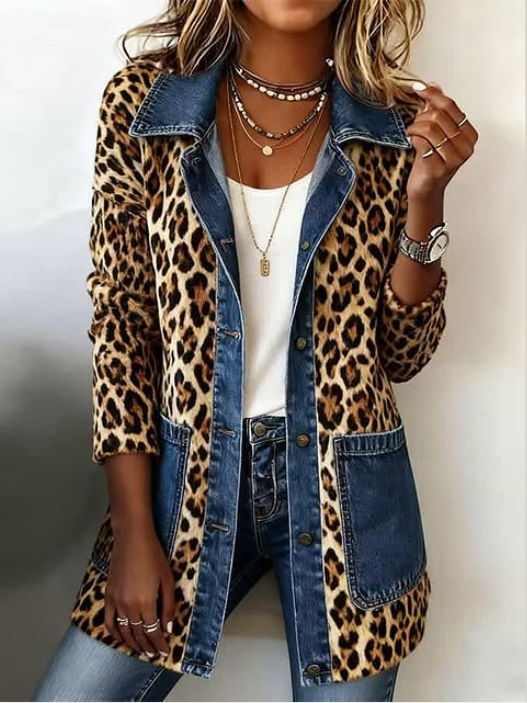 Fablenne™ | Leopard Print Denim Panel Contrast Longline Jacket Leopard
